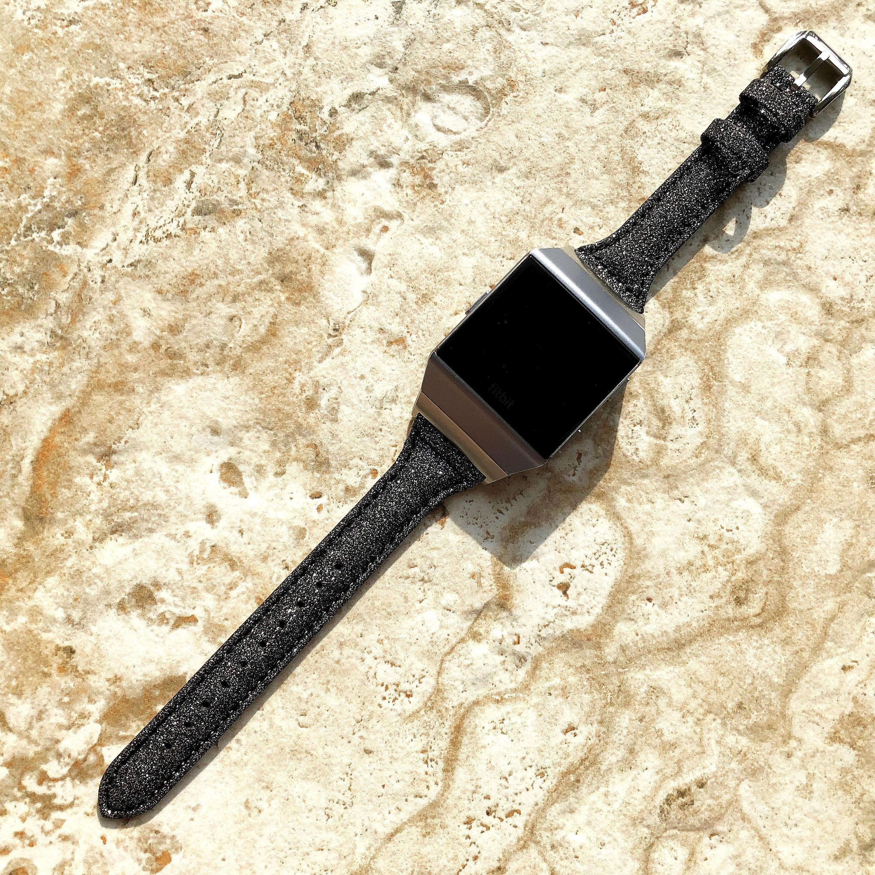 Fitbit Ionic Black Sparkling Glitter Slim Elegant Soft Leather Band Strap Bracelet for Smartwatch Quick Adapters in Silver Rose Gold Black